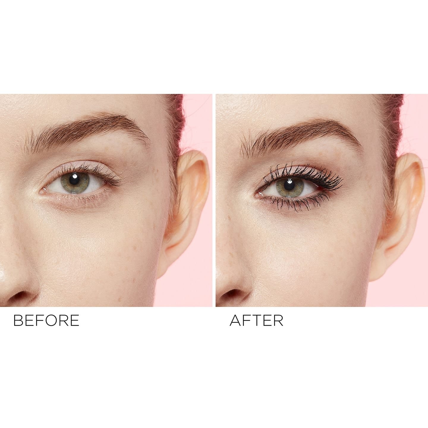 linker Augenbereich einer jungen Frau mit Lash Paradise Intense Black Mascara - vorher / nachher Vergleich